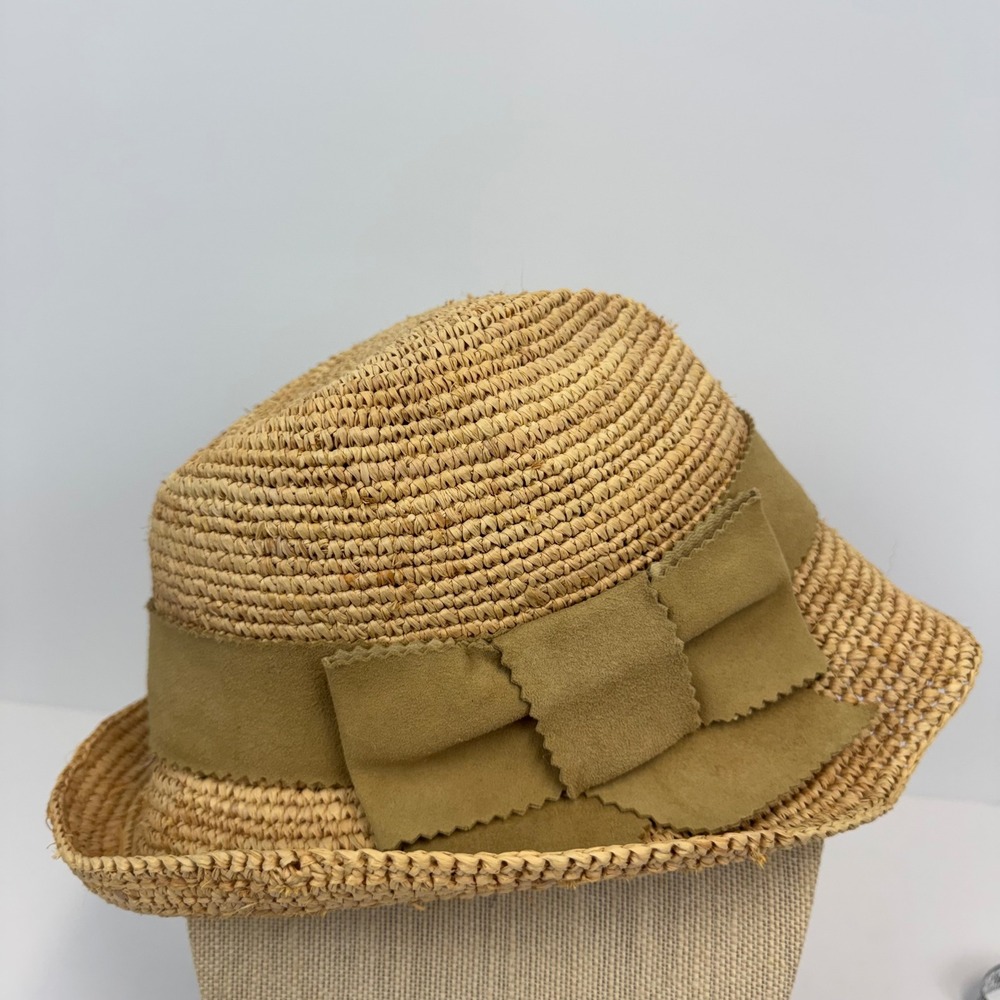 Flora Bella‎ Women Raffia Sun Hat Tan Woven Straw Suede Bow Fedora Cloche Beach